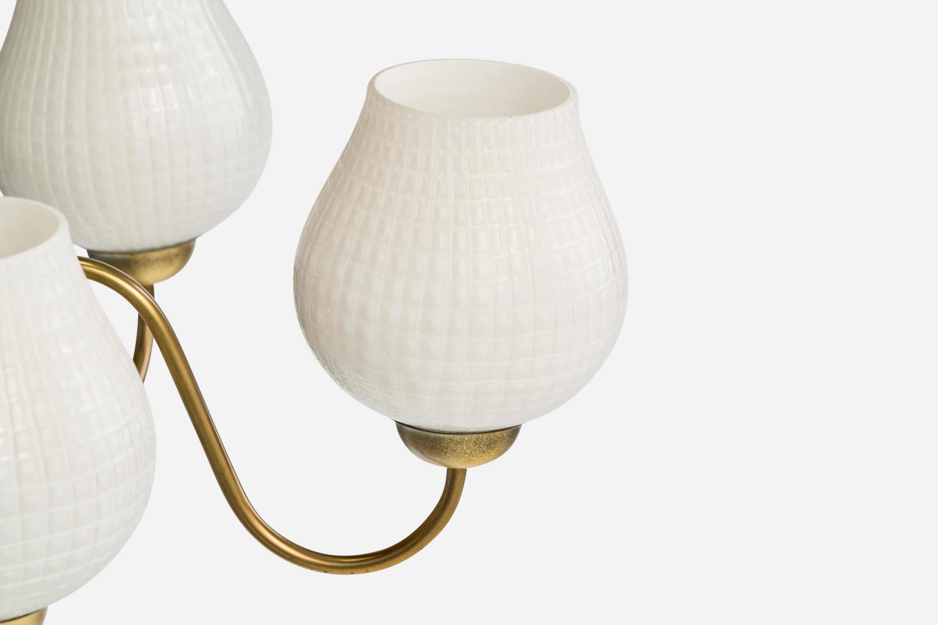 Swedish Designer, Chandelier, Brass, Wood, Glass, Sweden, 1960s For Sale 2