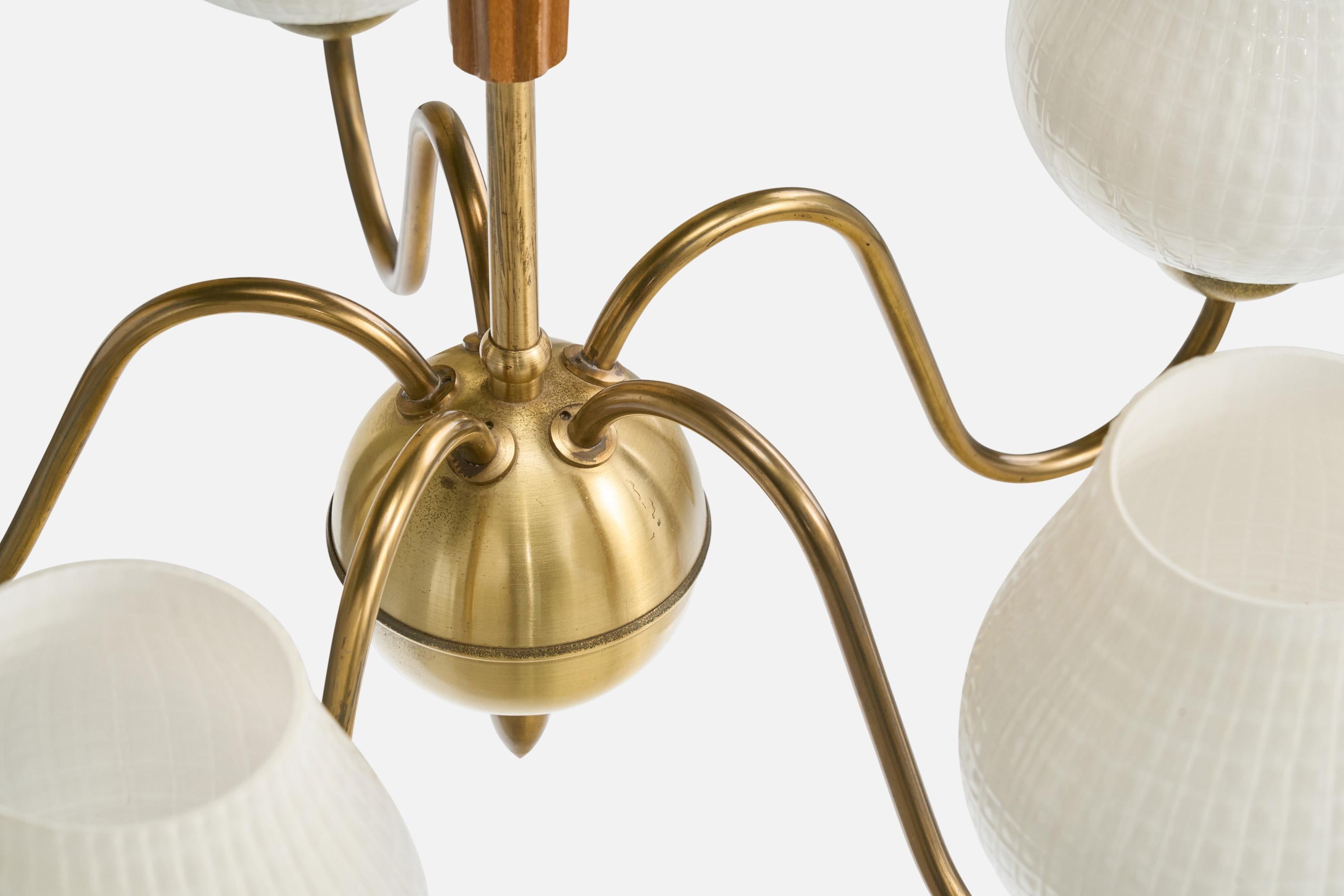 Swedish Designer, Chandelier, Brass, Wood, Glass, Sweden, 1960s For Sale 3