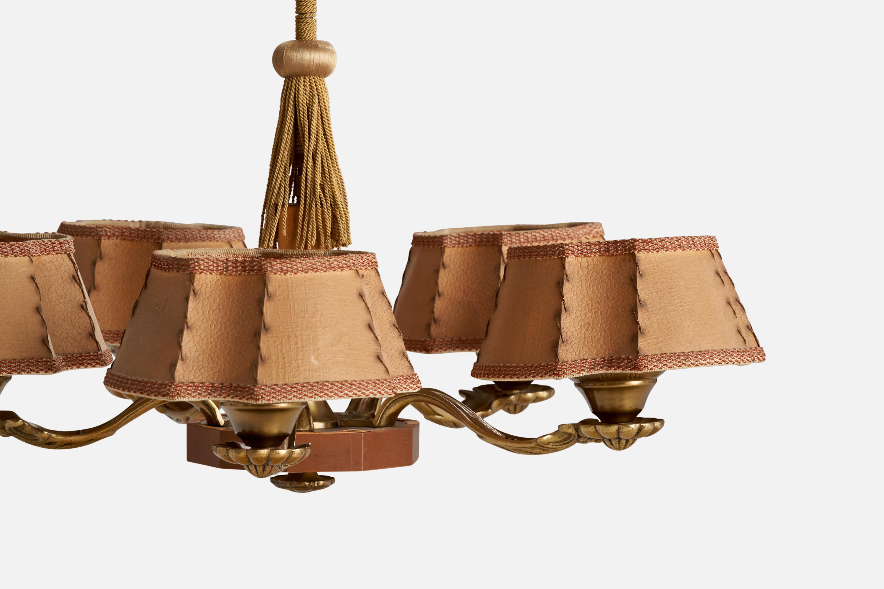 Schwedischer Designer, Kronleuchter, Messing, Holz, Papier, Stoff, Schweden, 1930er Jahre im Angebot 5