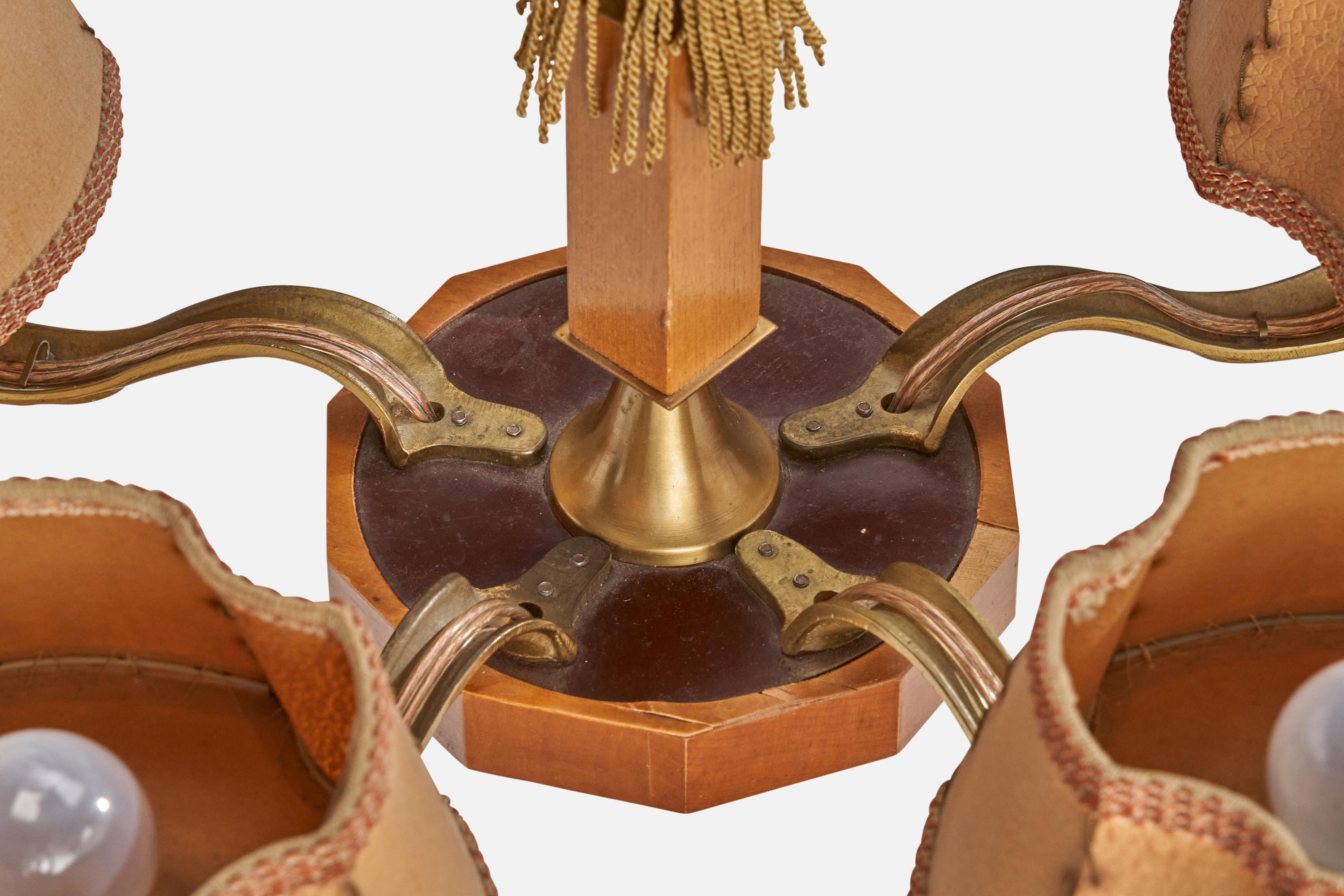 Schwedischer Designer, Kronleuchter, Messing, Holz, Papier, Stoff, Schweden, 1930er Jahre im Angebot 6