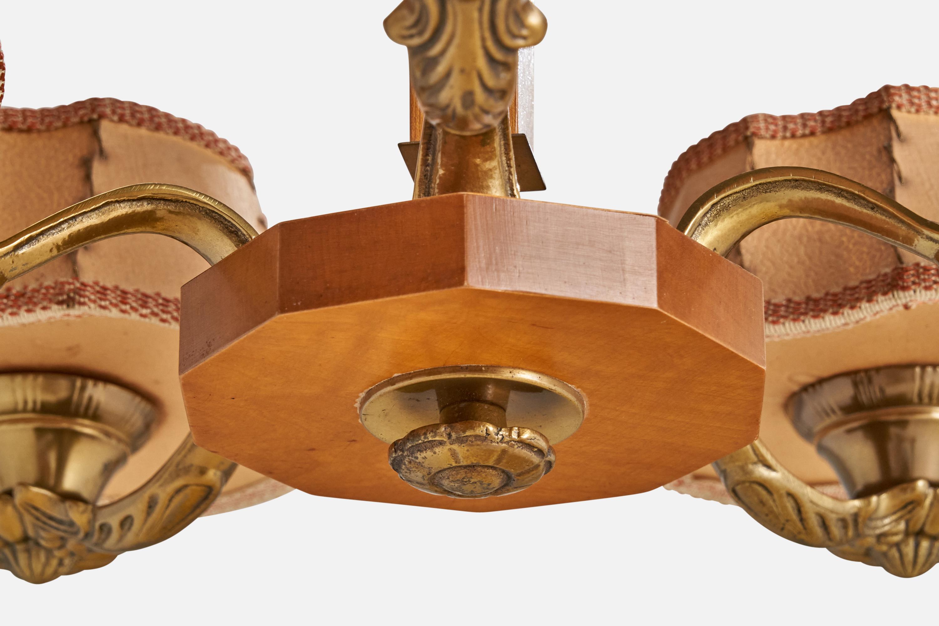 Schwedischer Designer, Kronleuchter, Messing, Holz, Papier, Stoff, Schweden, 1930er Jahre im Angebot 9
