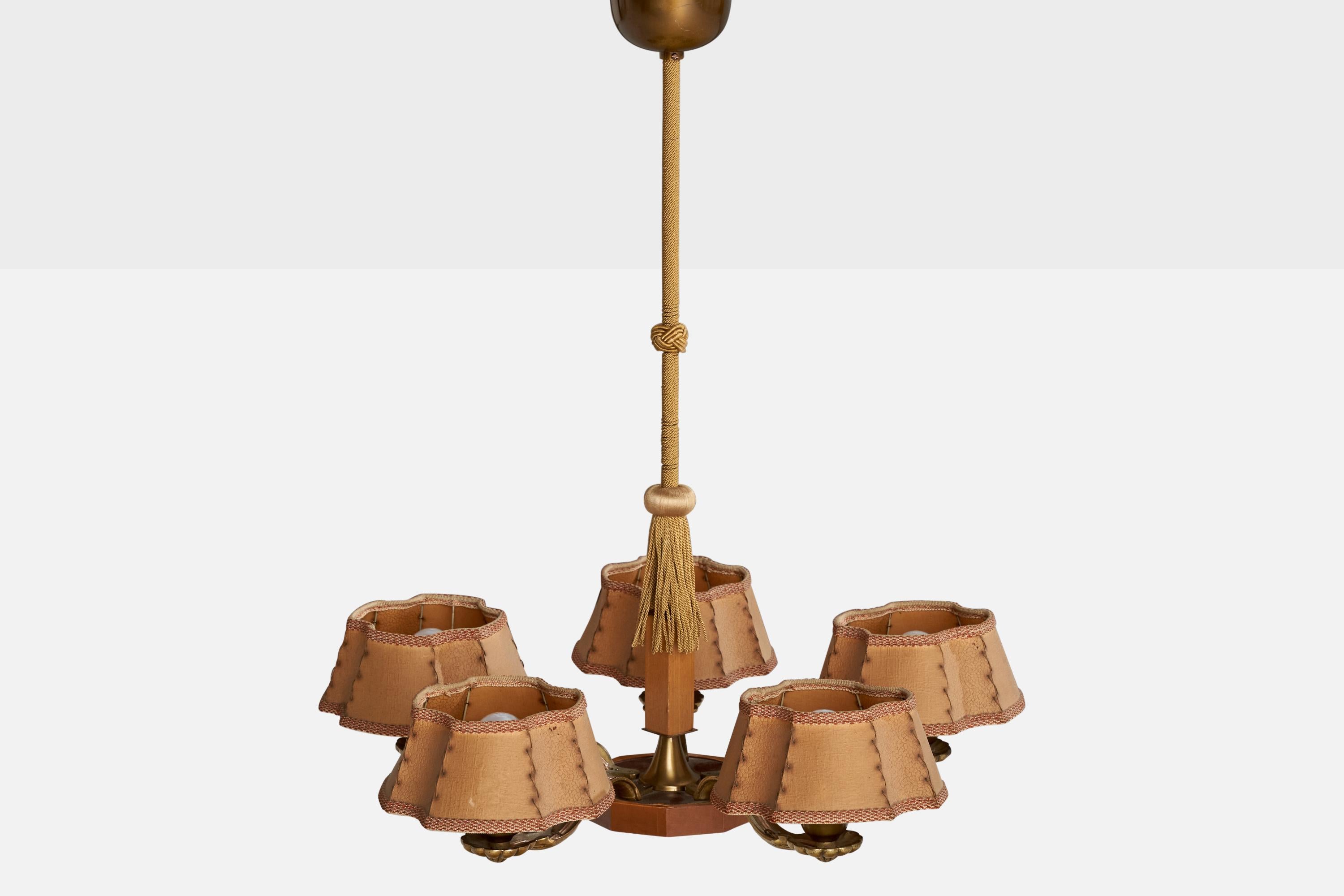 Schwedischer Designer, Kronleuchter, Messing, Holz, Papier, Stoff, Schweden, 1930er Jahre im Angebot 3