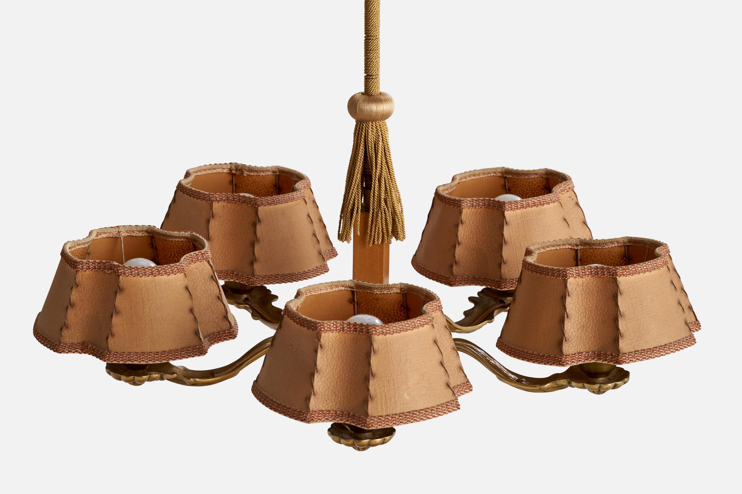 Schwedischer Designer, Kronleuchter, Messing, Holz, Papier, Stoff, Schweden, 1930er Jahre im Angebot 4