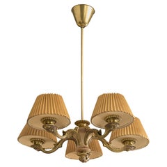 Swedish Designer, Chandelier, Brass, Wood, Paper, Sweden, 1930s