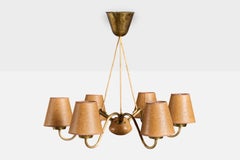 Swedish Designer, Chandelier, Brass, Wood, Parchment, Sweden, 1950s