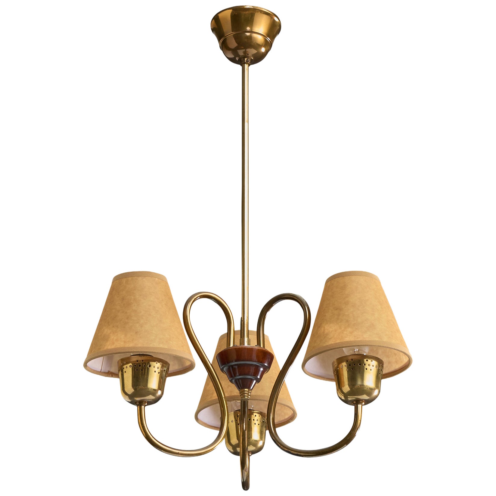 Swedish Designer, Chandelier, Brass, Wood, Parchment, Sweden, 1950s