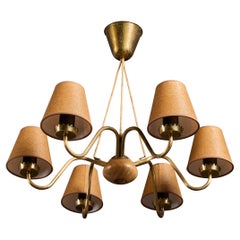 Swedish Designer, Chandelier, Brass, Wood, Parchment, Sweden, 1950s