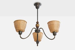 Swedish Designer, Chandelier, Brass, Wood. Rattan, Sweden, 1930s