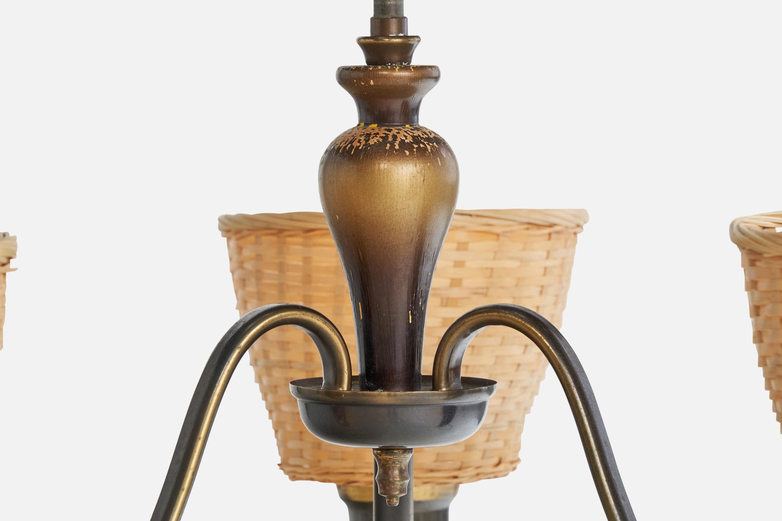 Designer suédois, lustre, laiton, bois. Rattan, Suède, années 1930 en vente 3