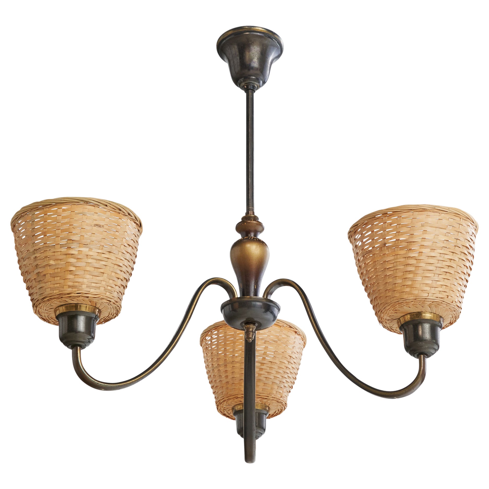 Swedish Designer, Chandelier, Brass, Wood. Rattan, Sweden, 1930s