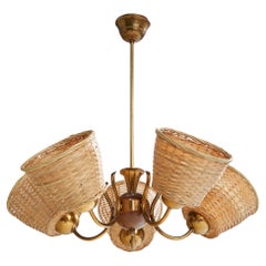 Swedish Designer, Chandelier, Brass, Wood, Rattan, Sweden, 1940s