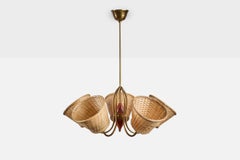 Designer suédois, lustre, laiton, bois, rotin, Suède, années 1950