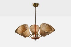 Swedish Designer, Chandelier, Brass, Wood, Rattan, Sweden, 1950s