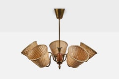 Swedish Designer, Chandelier, Brass, Wood, Rattan, Sweden, 1950s