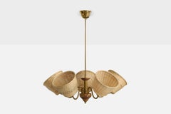 Swedish Designer, Chandelier, Brass, Wood, Rattan, Sweden, 1950s