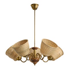 Swedish Designer, Chandelier, Brass, Wood, Rattan, Sweden, 1950s