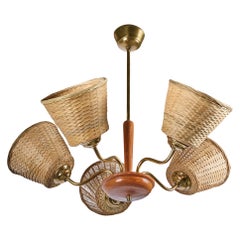 Swedish Designer, Chandelier, Brass, Wood, Rattan, Sweden, 1950s