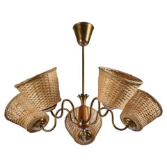 Swedish Designer, Chandelier, Brass, Wood, Rattan, Sweden, 1950s