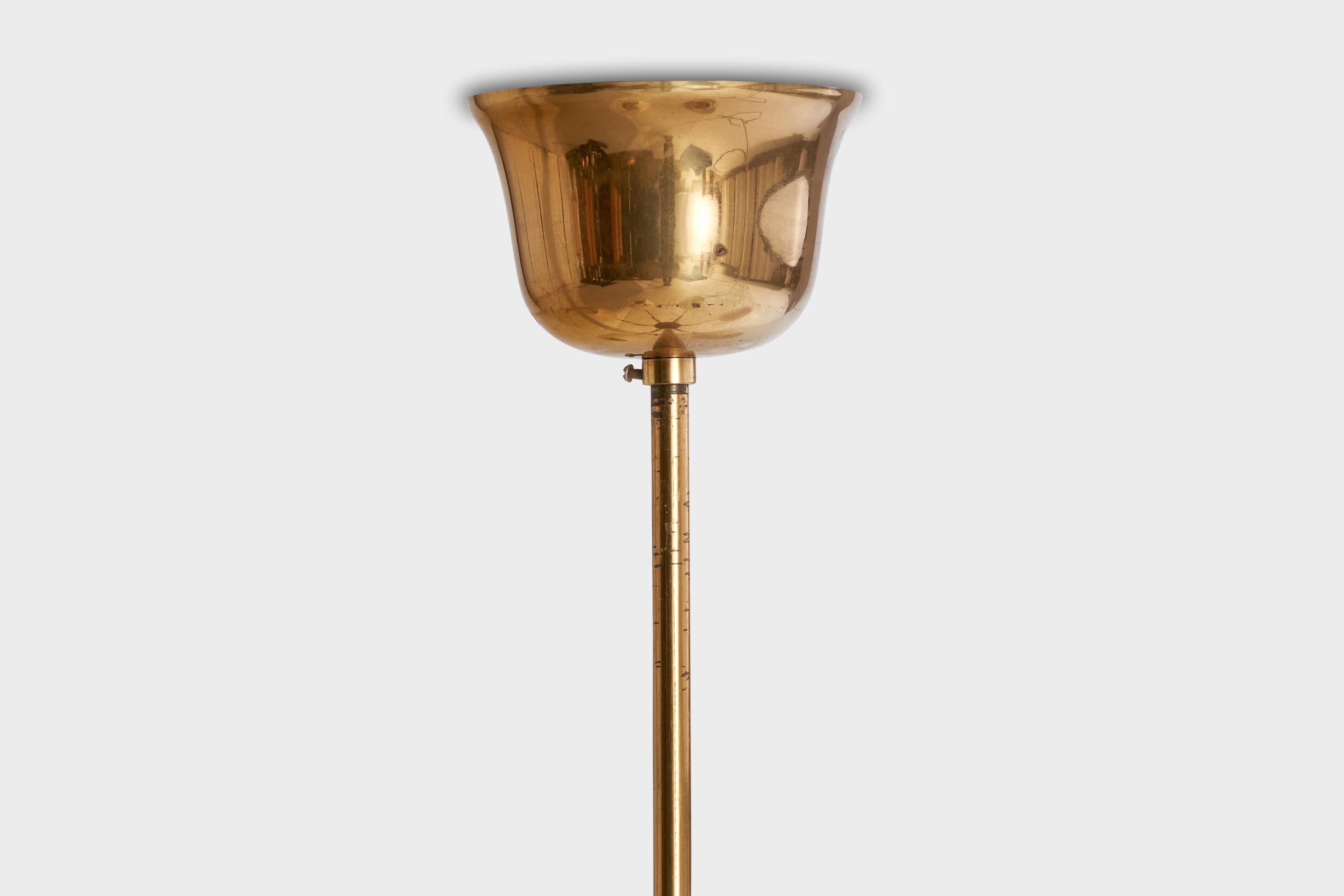 A brass, stained wood and white fabric chandelier designed and produced in Sweden, c. 1940s.

Overall Dimensions (inches): 25” H x  23” Diameter

Dimensions of Canopy:  2.5” H x 3.875” Diameter

Stem length: 13” H

Bulb Specifications: E-14

Number