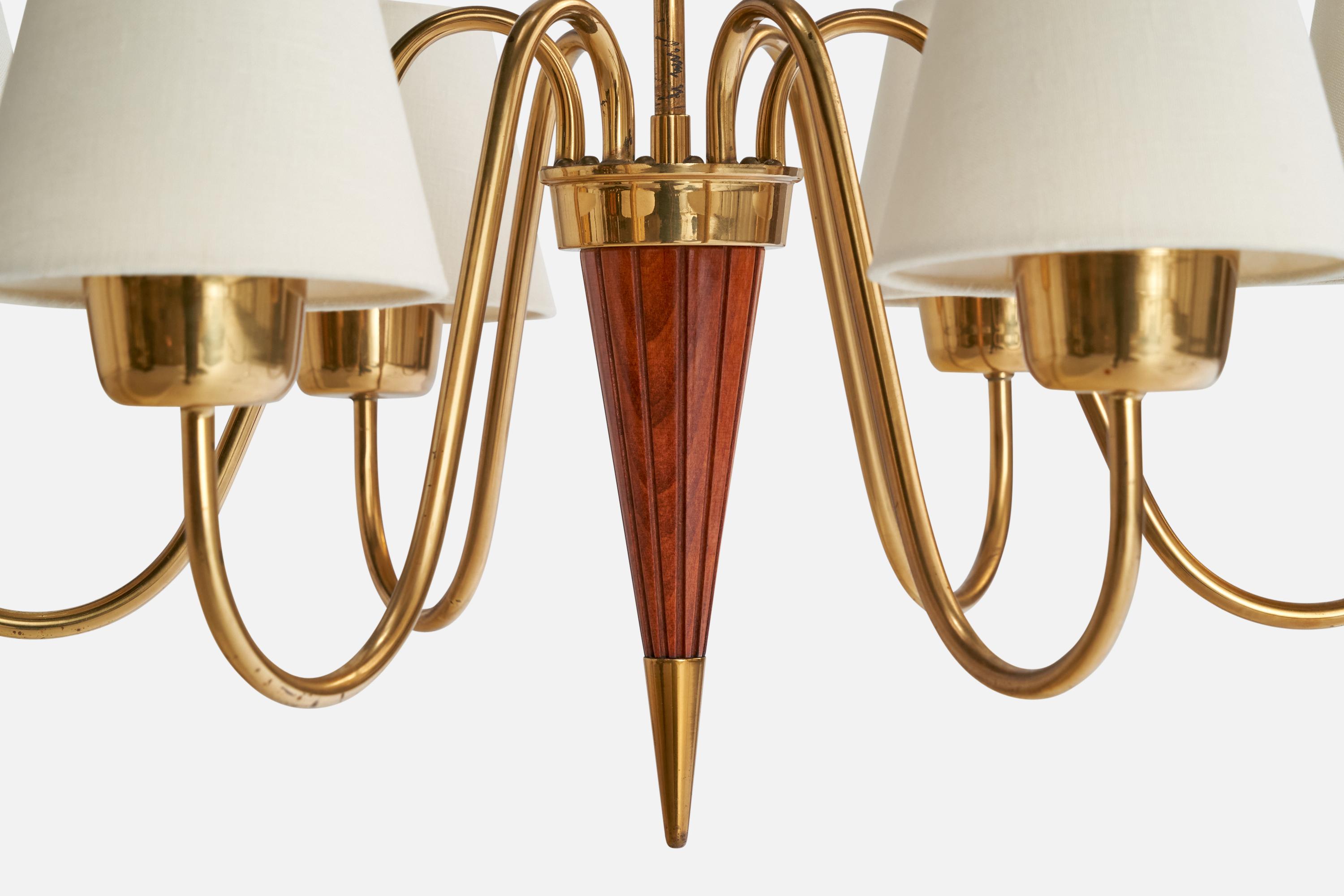 Scandinavian Modern Swedish Designer, Chandelier, Brass, Wood, Sweden, 1940s For Sale