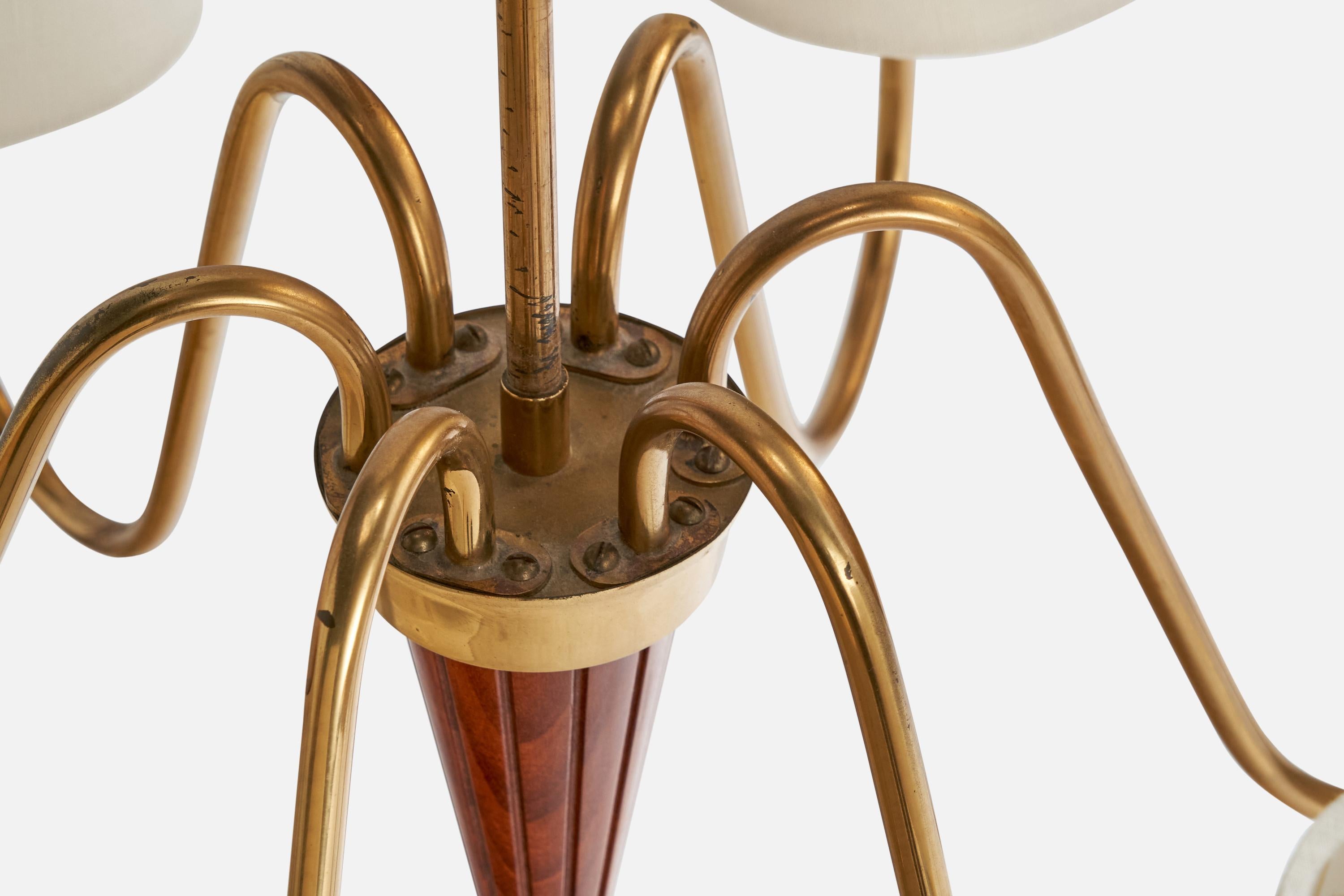 Swedish Designer, Chandelier, Brass, Wood, Sweden, 1940s In Good Condition For Sale In High Point, NC