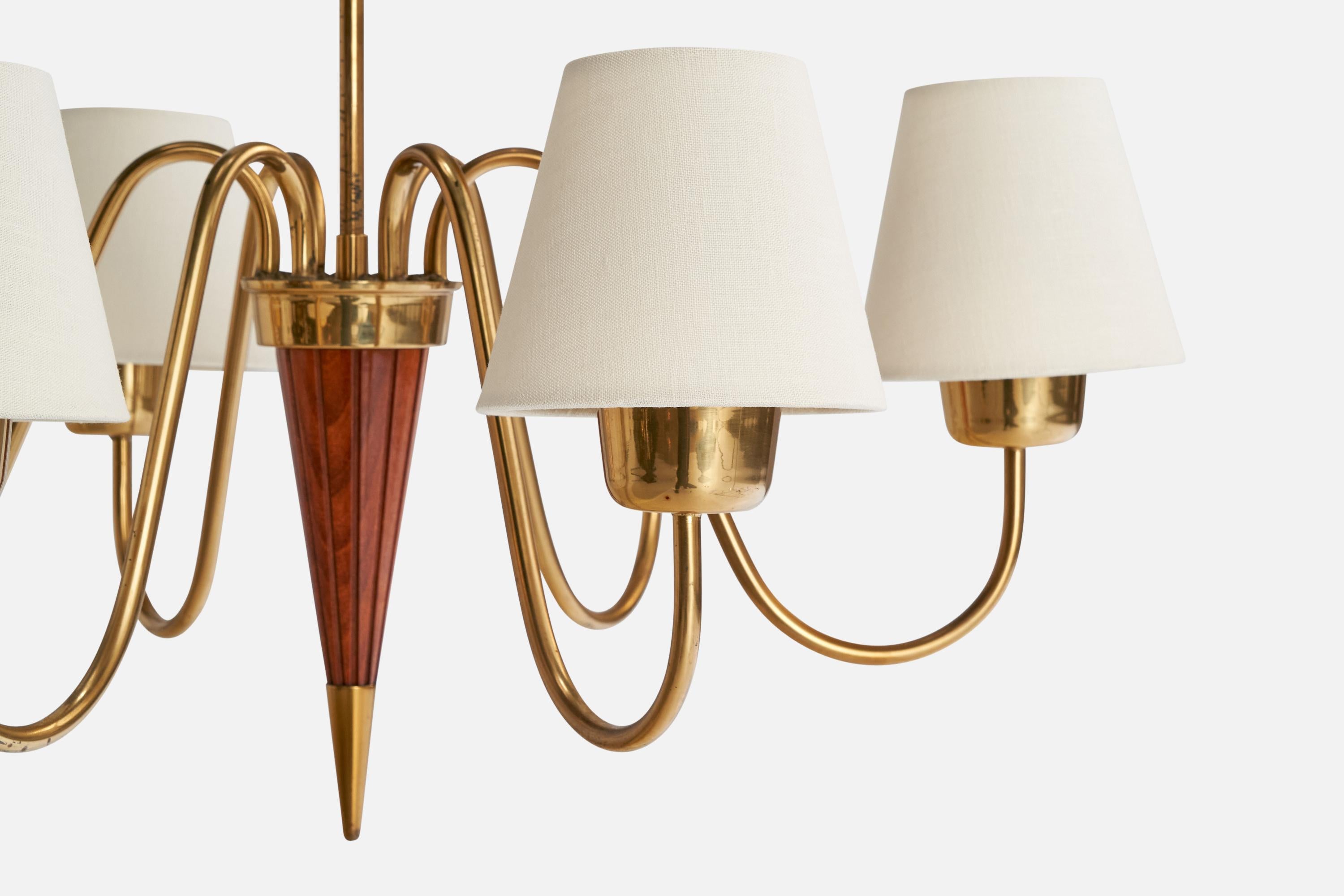 Mid-20th Century Swedish Designer, Chandelier, Brass, Wood, Sweden, 1940s For Sale