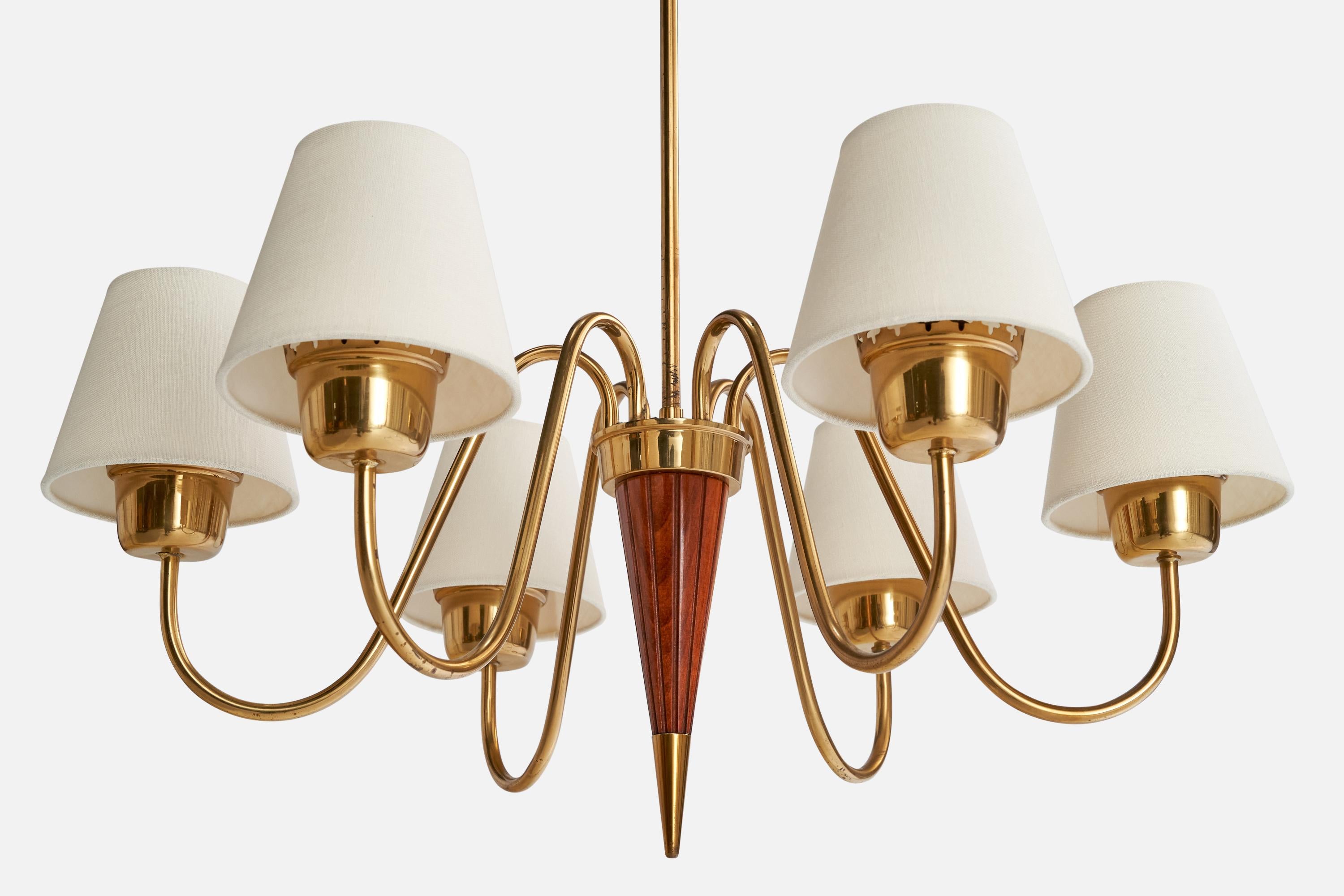 Swedish Designer, Chandelier, Brass, Wood, Sweden, 1940s For Sale 1