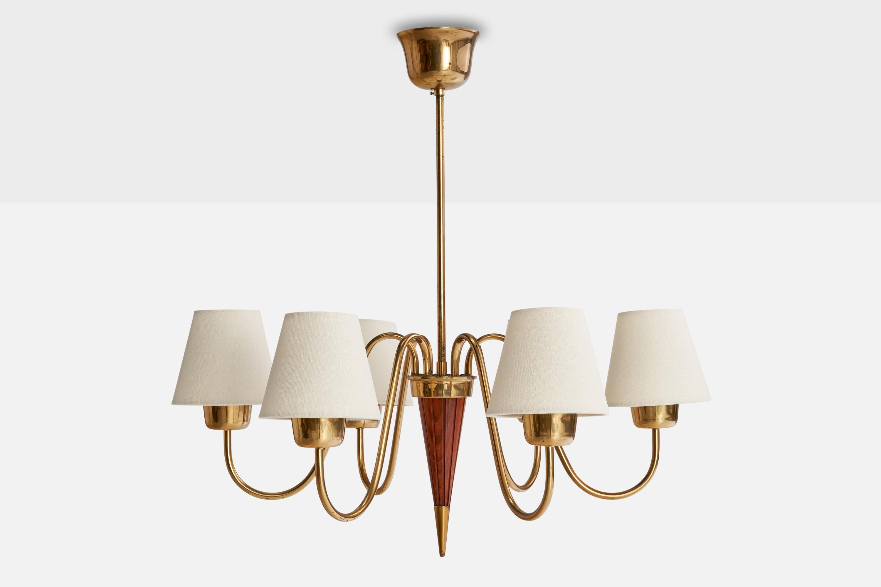 Swedish Designer, Chandelier, Brass, Wood, Sweden, 1940s For Sale 2