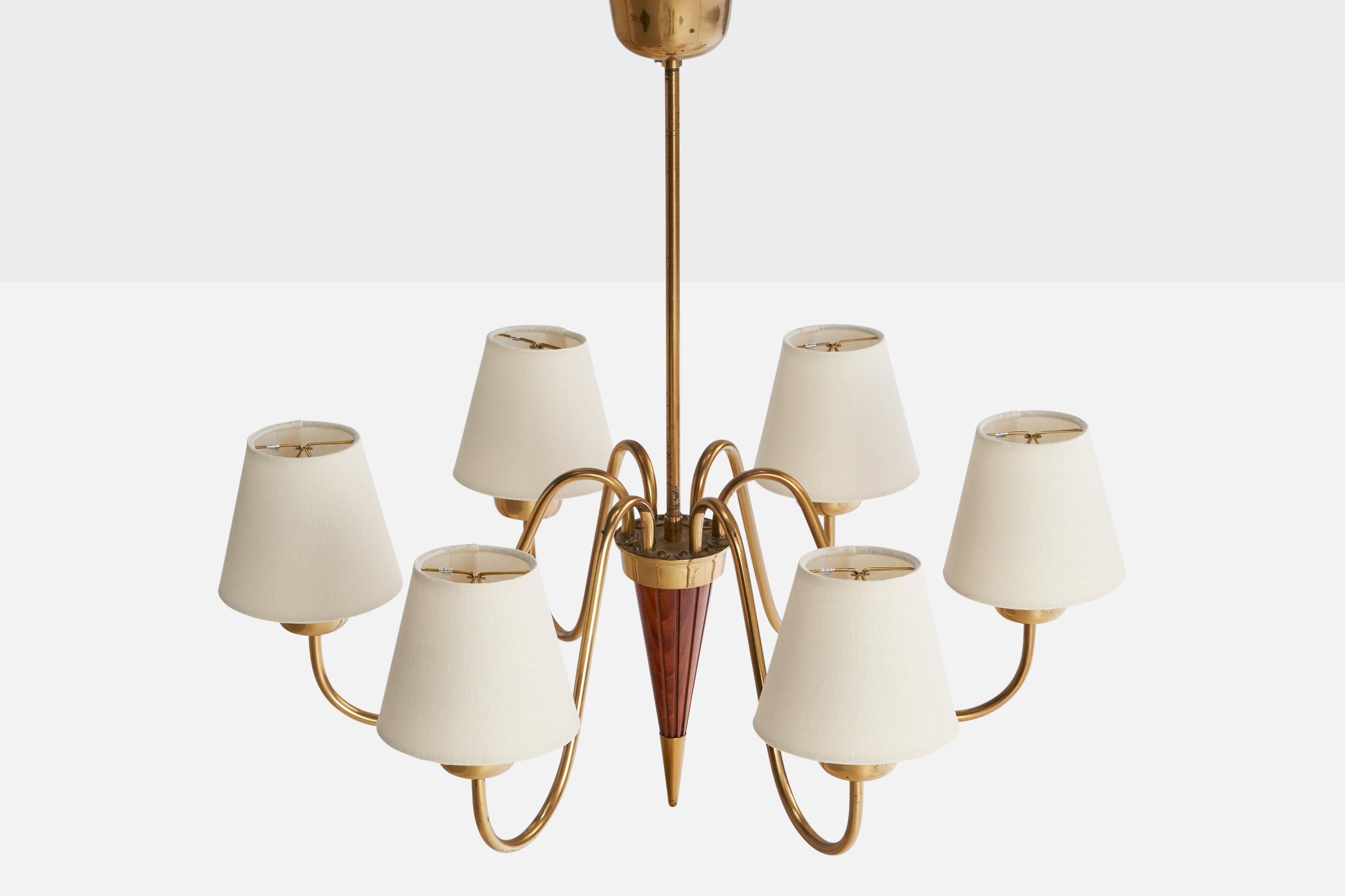 Swedish Designer, Chandelier, Brass, Wood, Sweden, 1940s For Sale 3
