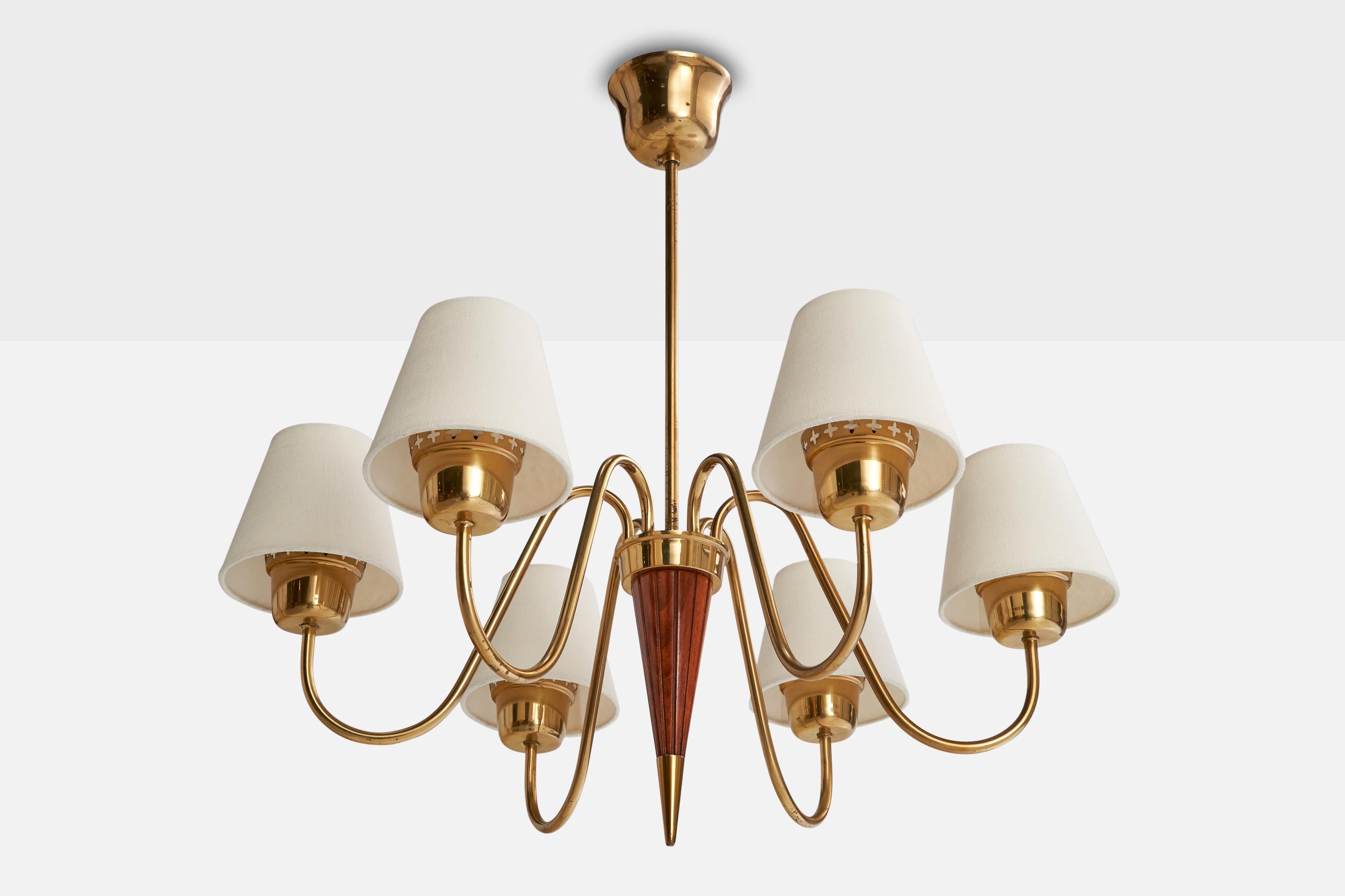Swedish Designer, Chandelier, Brass, Wood, Sweden, 1940s For Sale 4