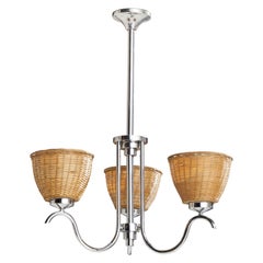 Swedish Designer, Chandelier, Chrome Metal, Rattan, Sweden, 1930s