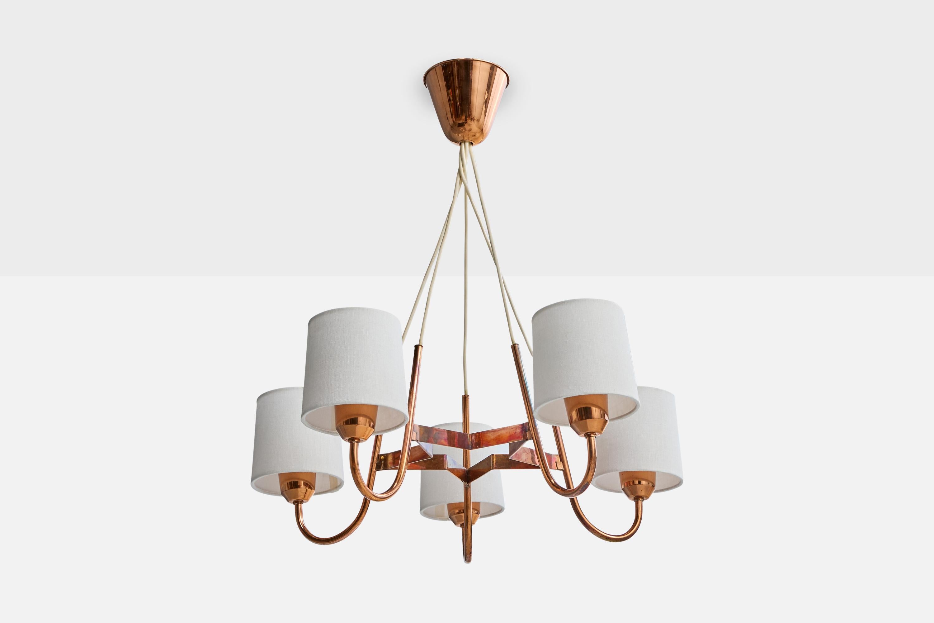 A copper and white fabric chandelier designed and produced in Sweden, c. 1940s.

Oxidation present to copper

Wear consistent with age and use

Overall Dimensions (inches): 24.25