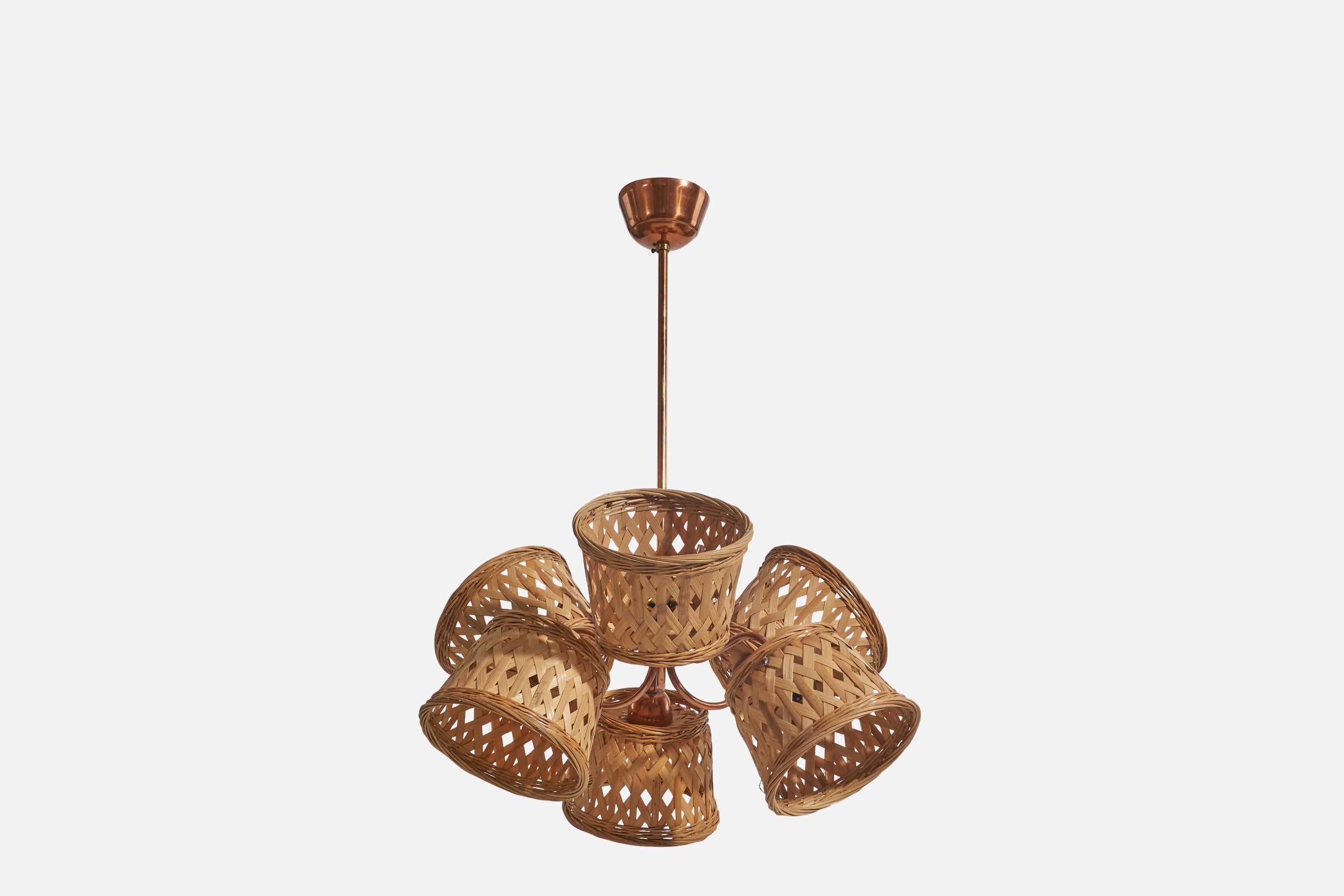 Swedish Designer, Chandelier, Copper, Rattan, Sweden, 1950s In Good Condition For Sale In High Point, NC