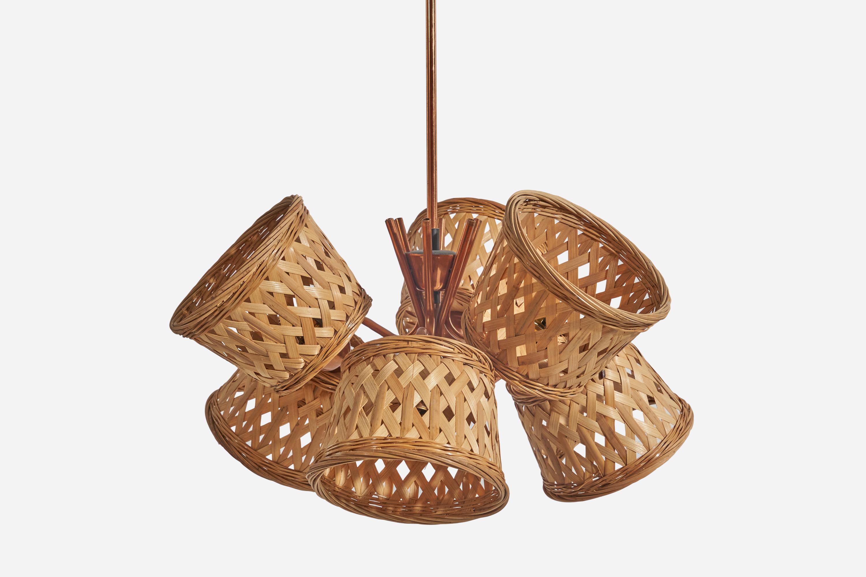 Mid-20th Century Swedish Designer, Chandelier, Copper, Rattan, Sweden, 1950s For Sale