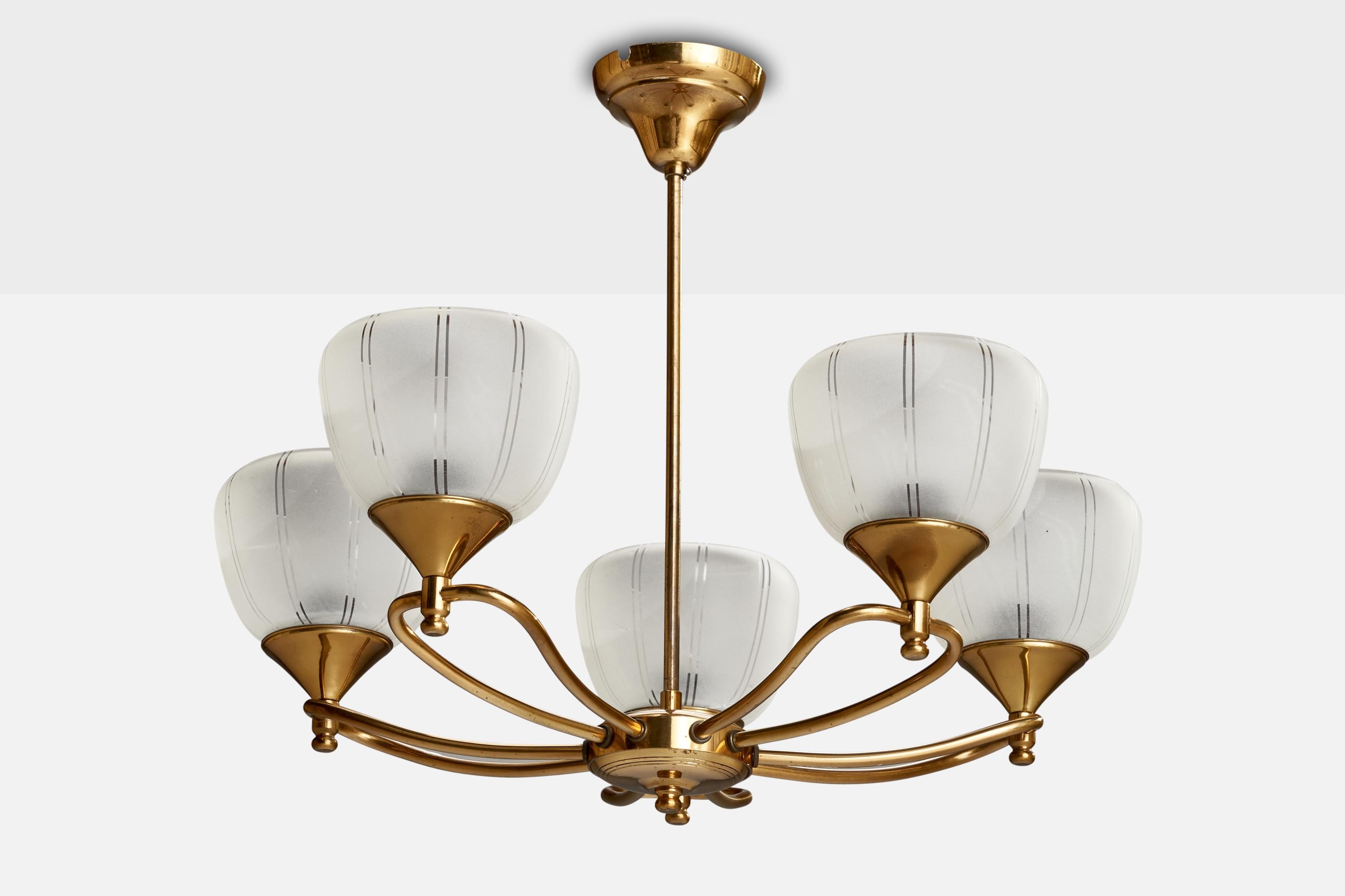 A brass and etched glass chandelier designed and produced in Sweden, c. 1950s.

Dimensions of canopy (inches): 3” H x 4.32” Diameter
Socket takes standard E-26 bulbs. 5 socket.There is no maximum wattage stated on the fixture. All lighting will be