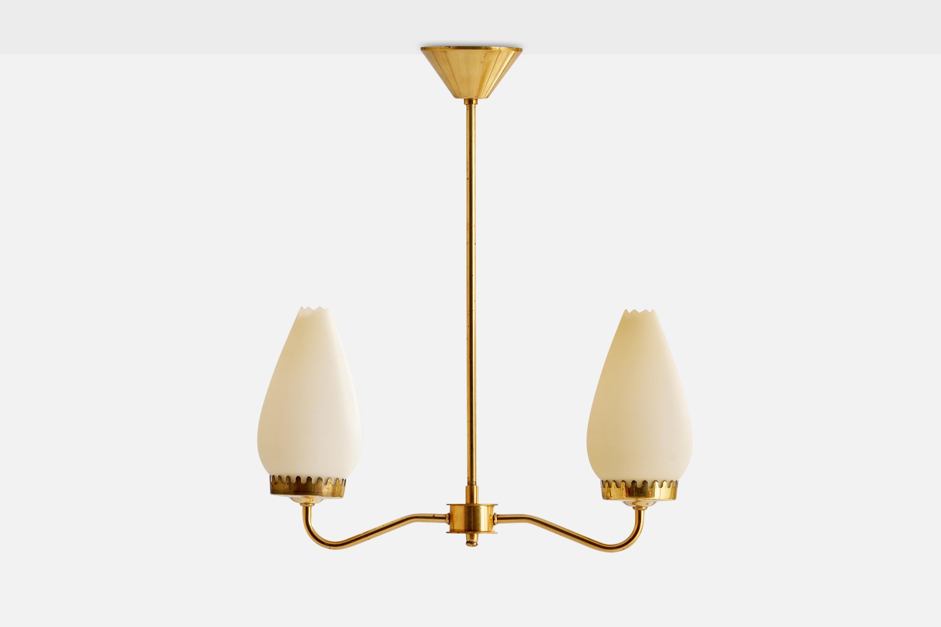 A brass and opaline glass chandelier designed and produced in Sweden, 1940s.

Dimensions of canopy (inches): 2” H x 4” Diameter
Socket takes standard E-26 bulbs. 2 sockets.There is no maximum wattage stated on the fixture. All lighting will be