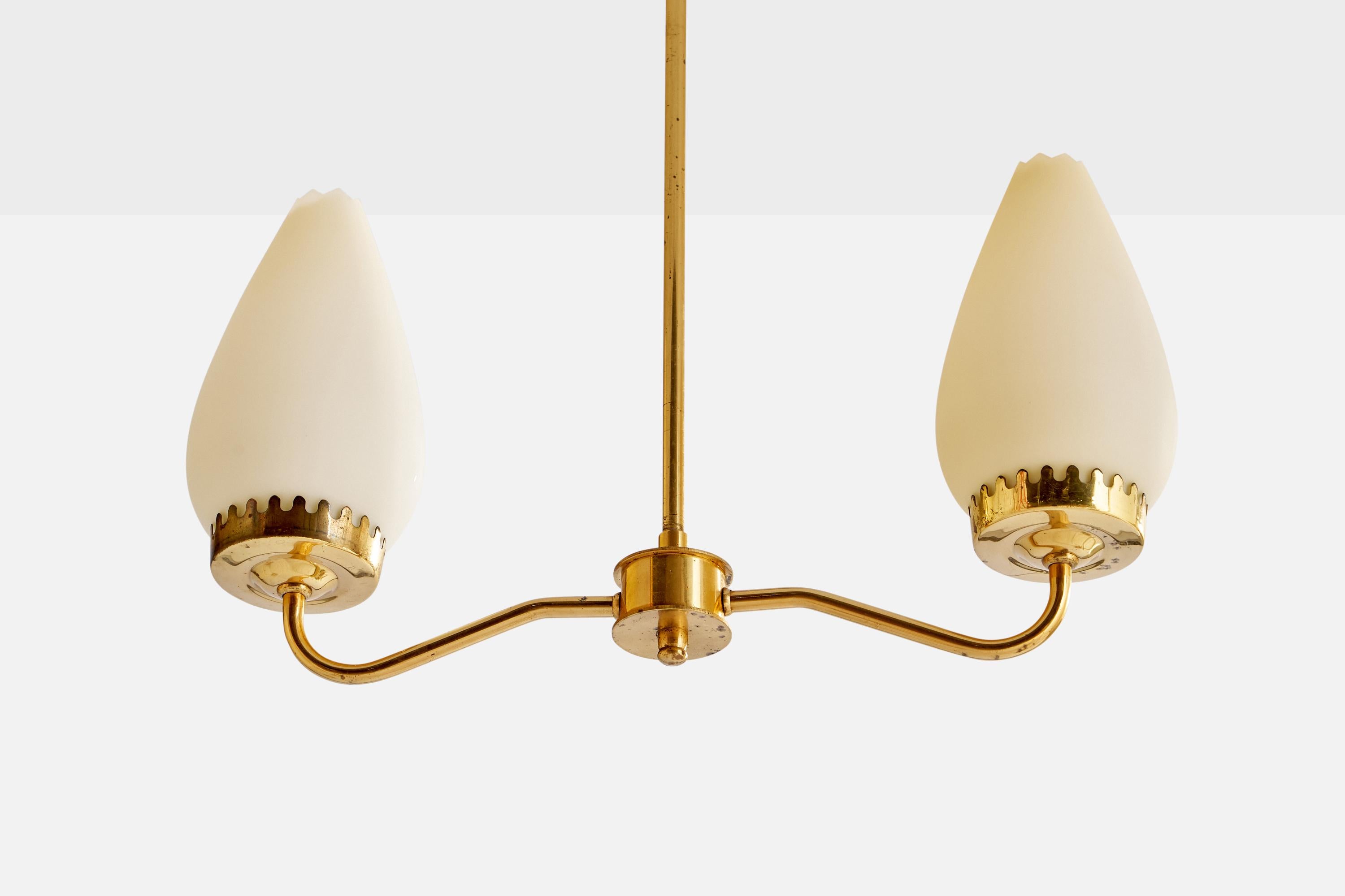 Scandinavian Modern Swedish Designer, Chandelier Light, Brass, Glass, Sweden, 1940s