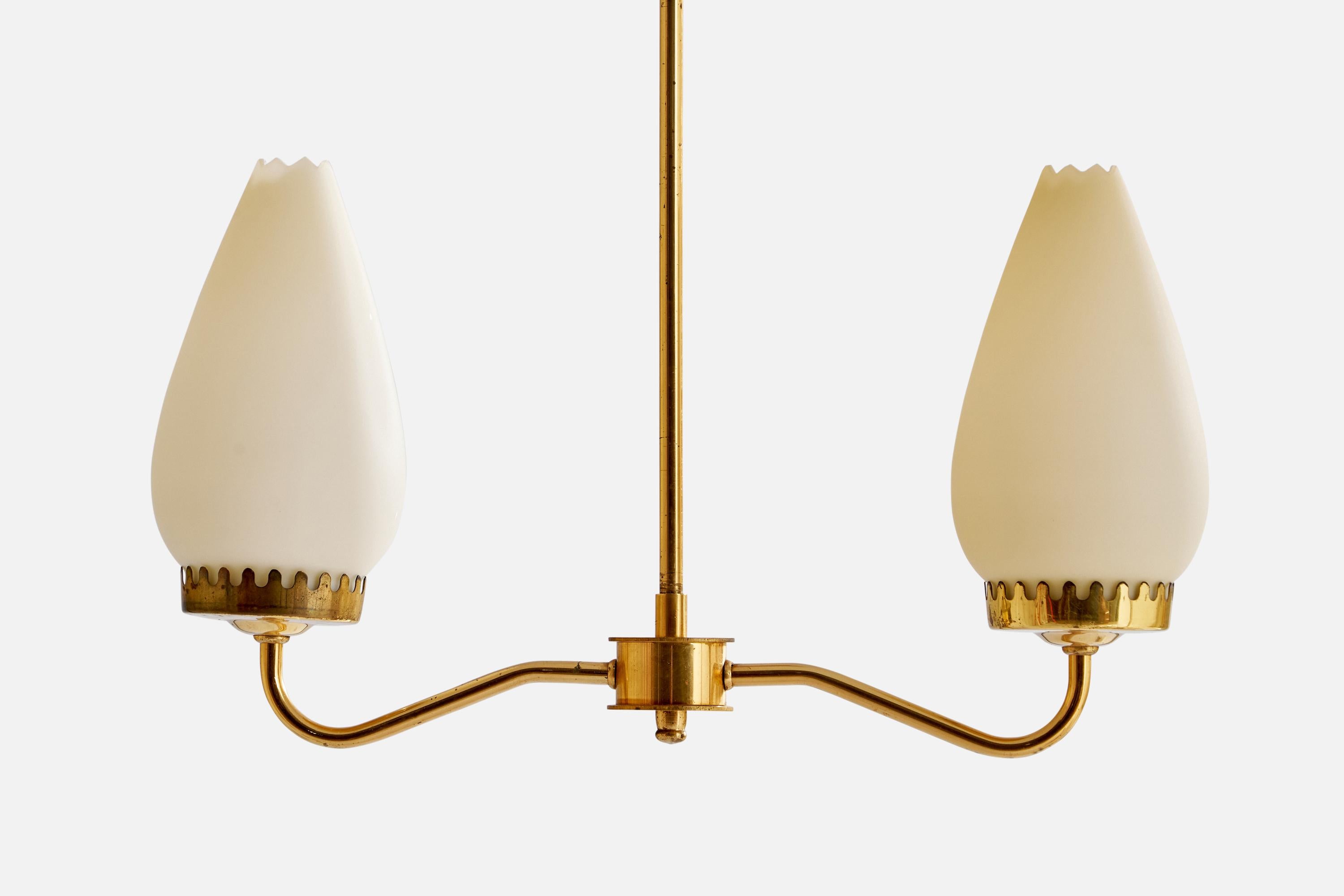 Swedish Designer, Chandelier Light, Brass, Glass, Sweden, 1940s In Good Condition In High Point, NC