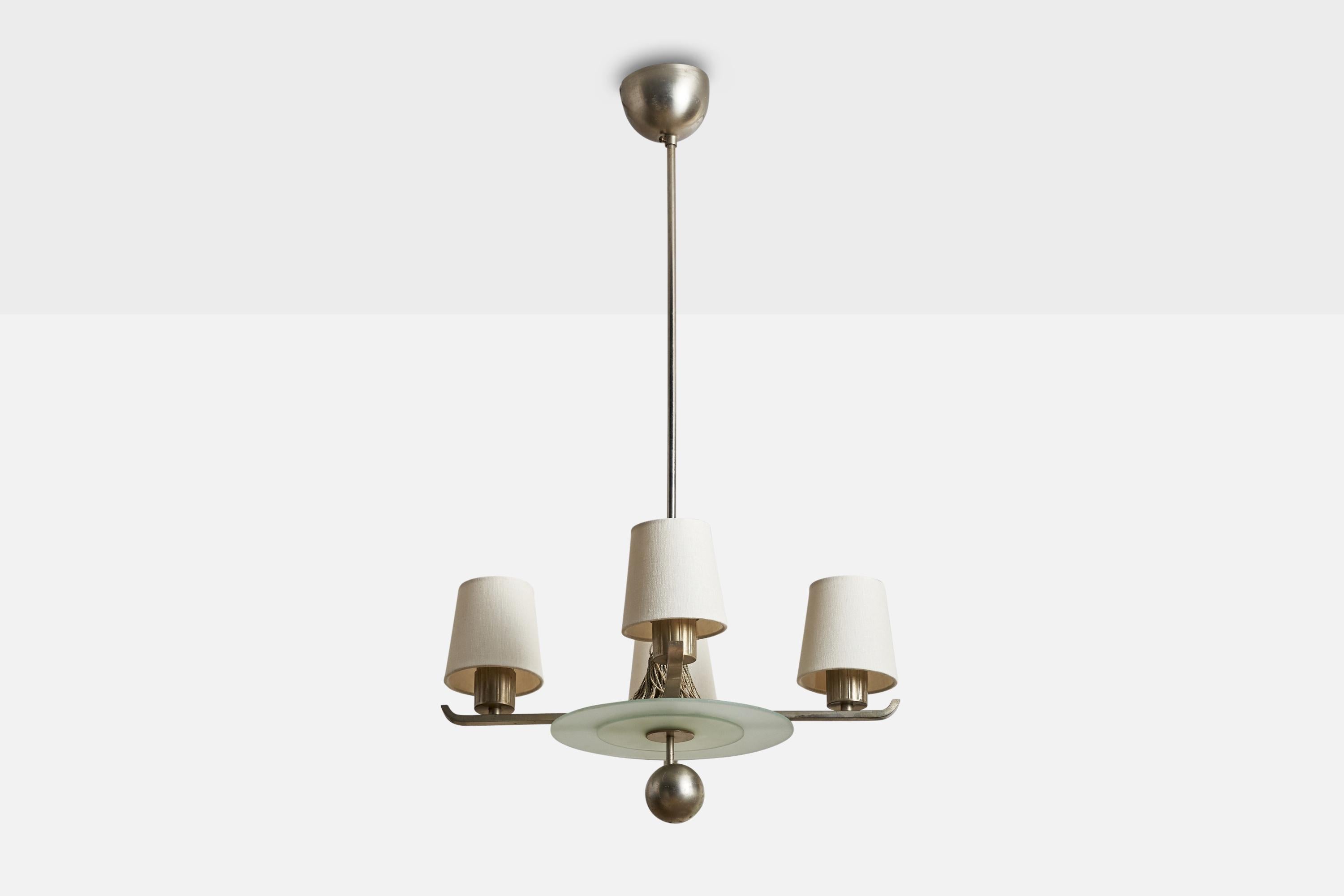 A metal, frosted glass, white fabric and grey fabric string chandelier designed and produced in Sweden, 1930s.

Dimensions of canopy (inches): 2.75” H x 3.5” Diameter
Socket takes standard E-26 bulbs. 4 sockets.There is no maximum wattage stated on