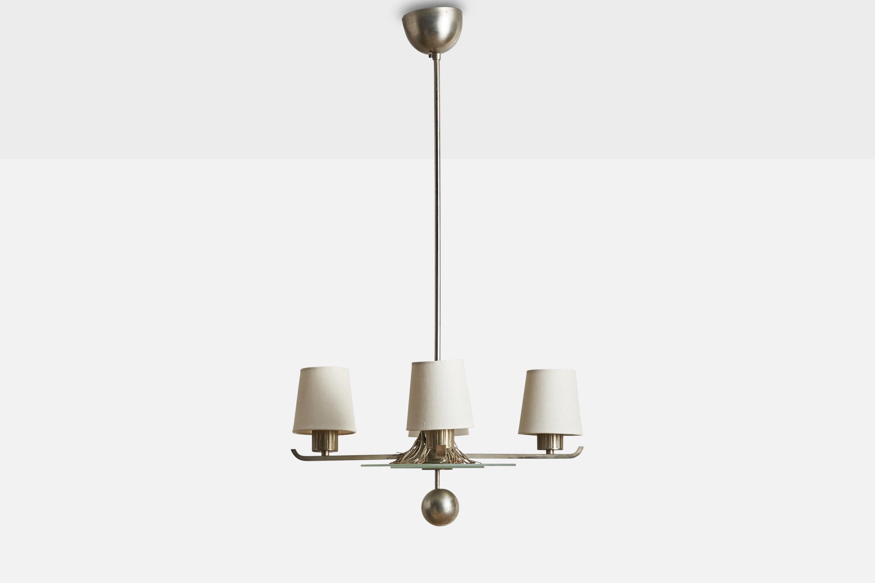 Scandinavian Modern Swedish Designer, Chandelier, Metal, Fabric, Glass, Sweden, 1930s For Sale