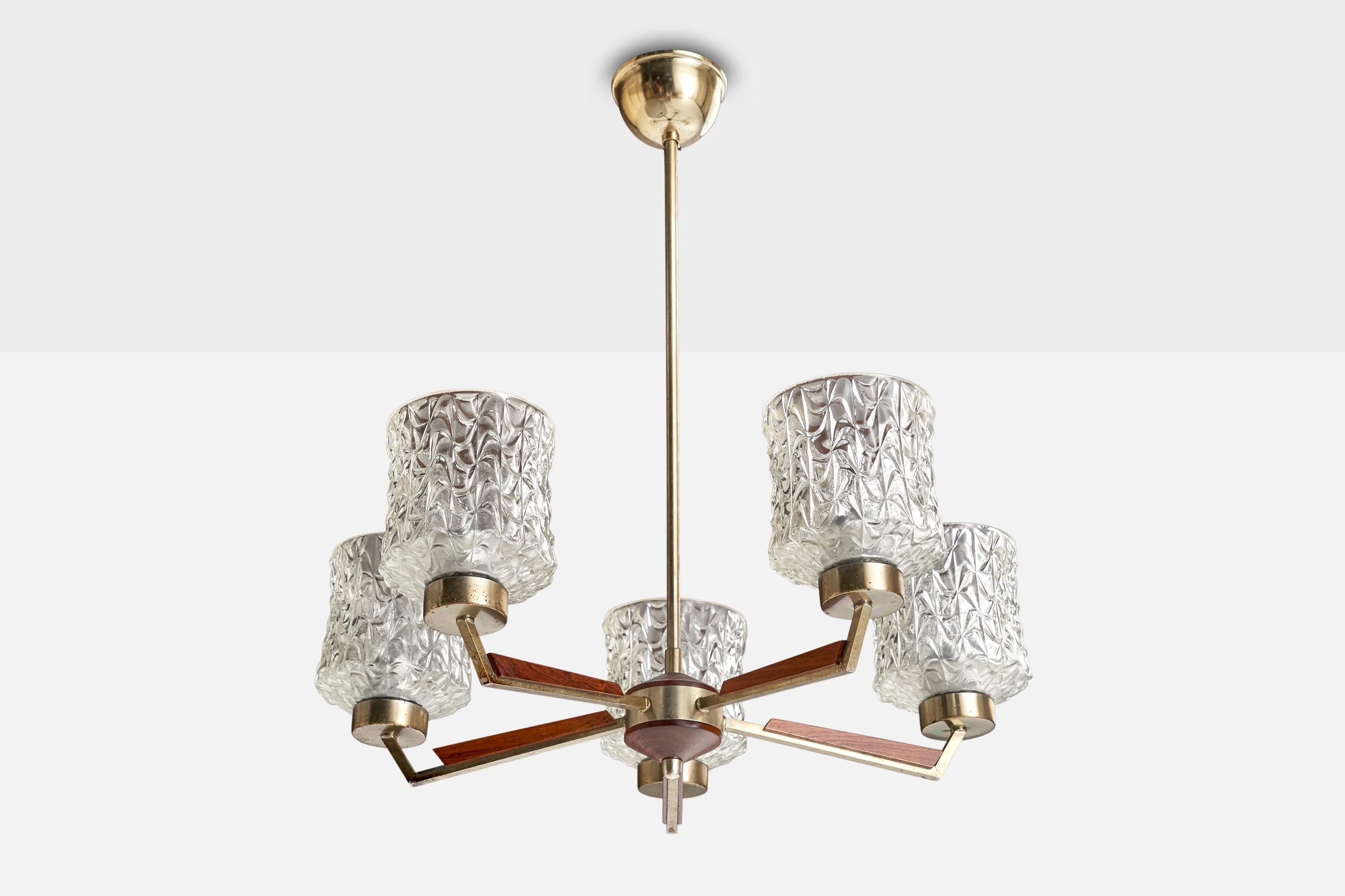 Lampadario in metallo, teak e vetro progettato e prodotto in Svezia, anni '50 circa.

Dimensioni complessive (pollici): 21