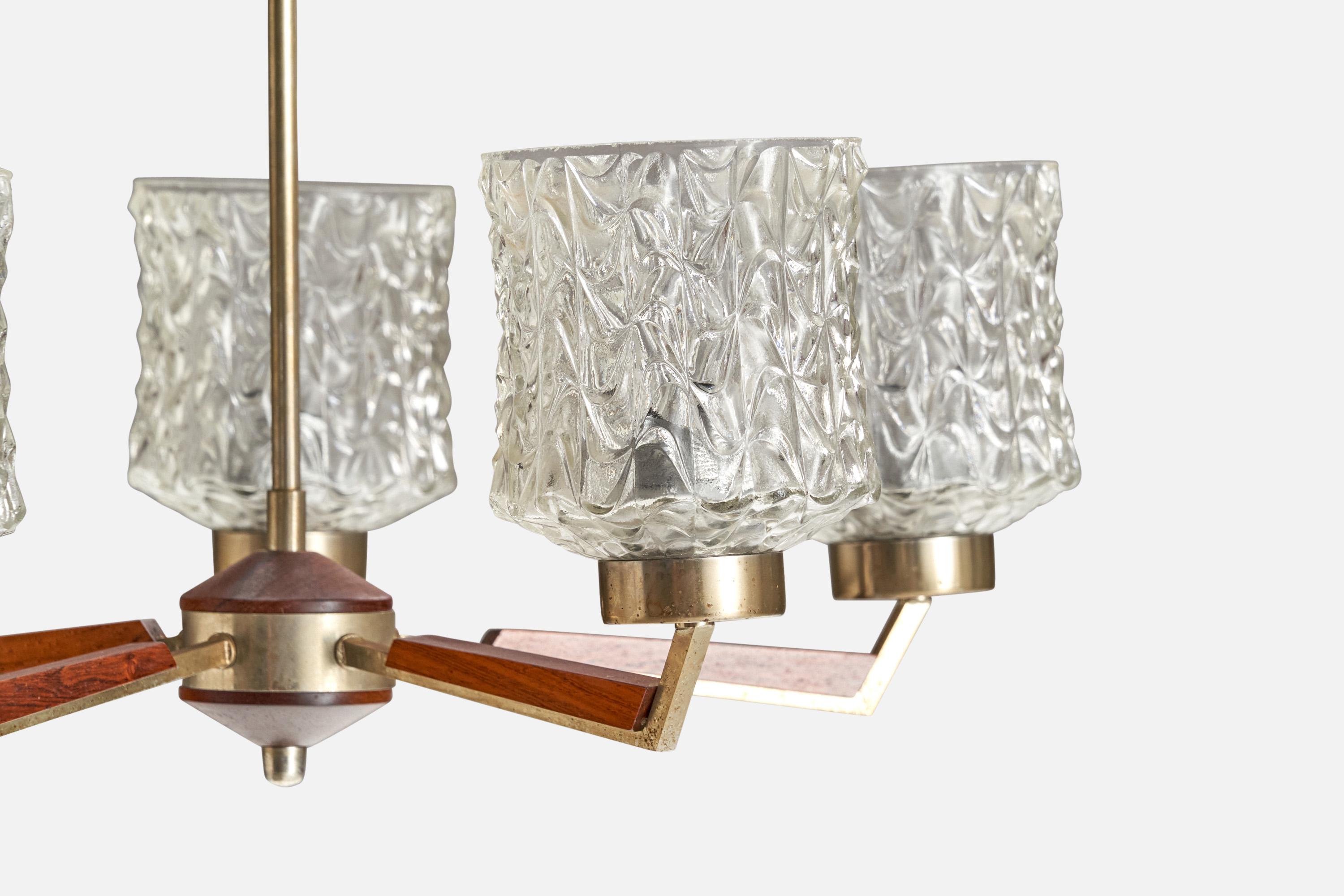 Metà XX secolo Lampadario di design svedese, metallo, teak, vetro, Svezia, anni '50 in vendita