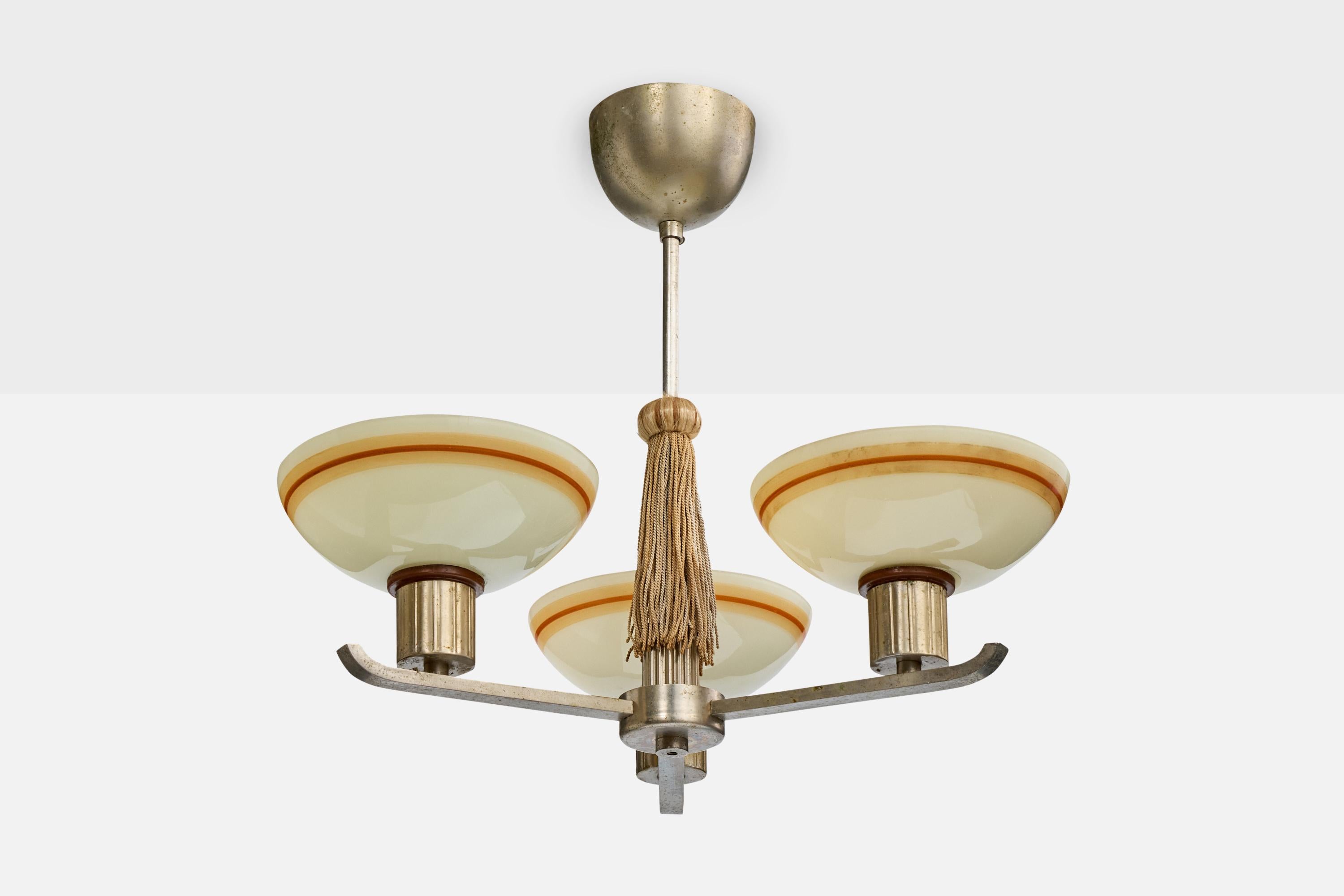 A nickel-plated metal, opaline glass and brown fabric cord chandelier designed and produced in Sweden, c. 1930s.

Overall Dimensions (inches): 14.75