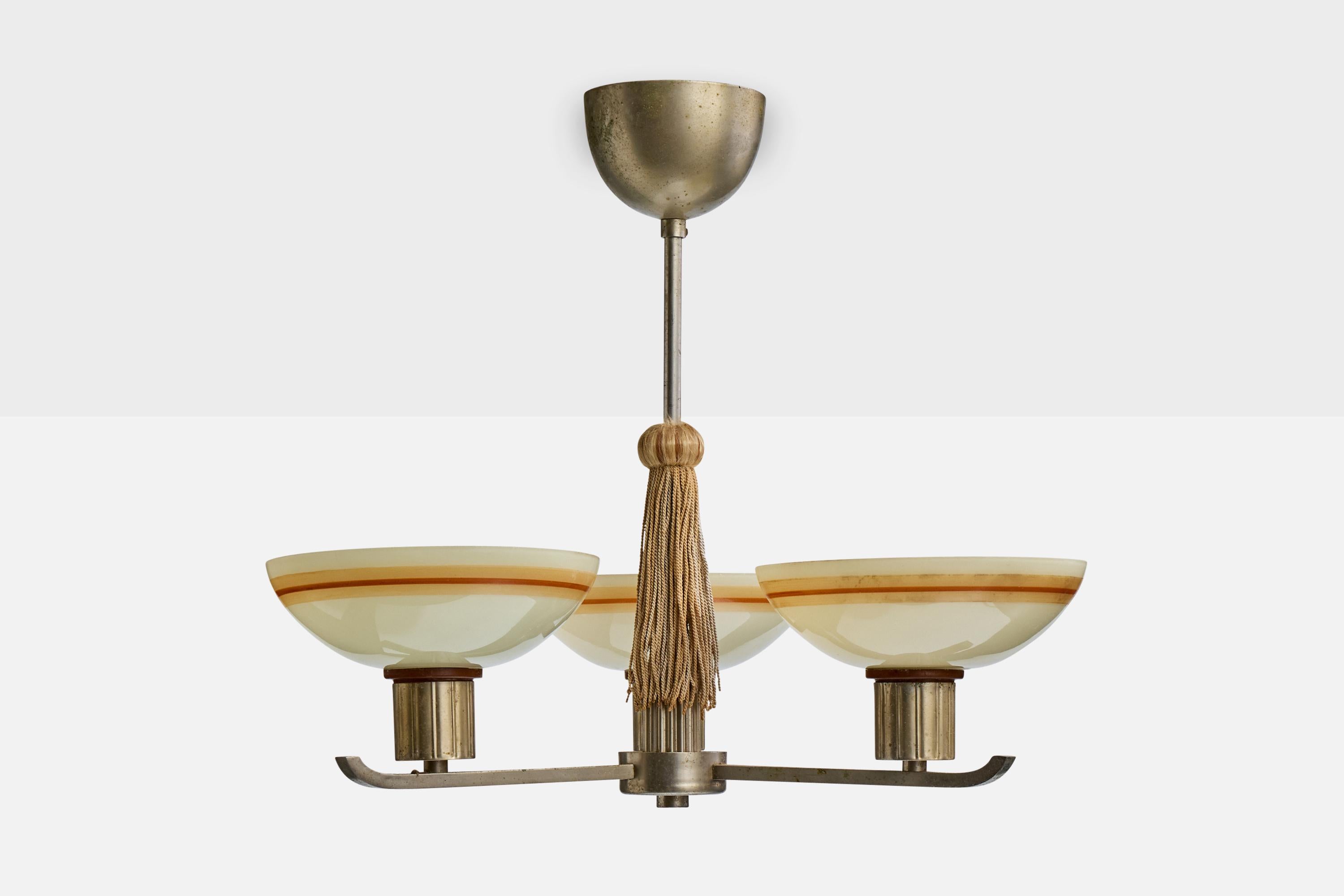 Mid-Century Modern Swedish Designer, Chandelier, Nickel, Fabric, Glass, Sweden, 1930s For Sale
