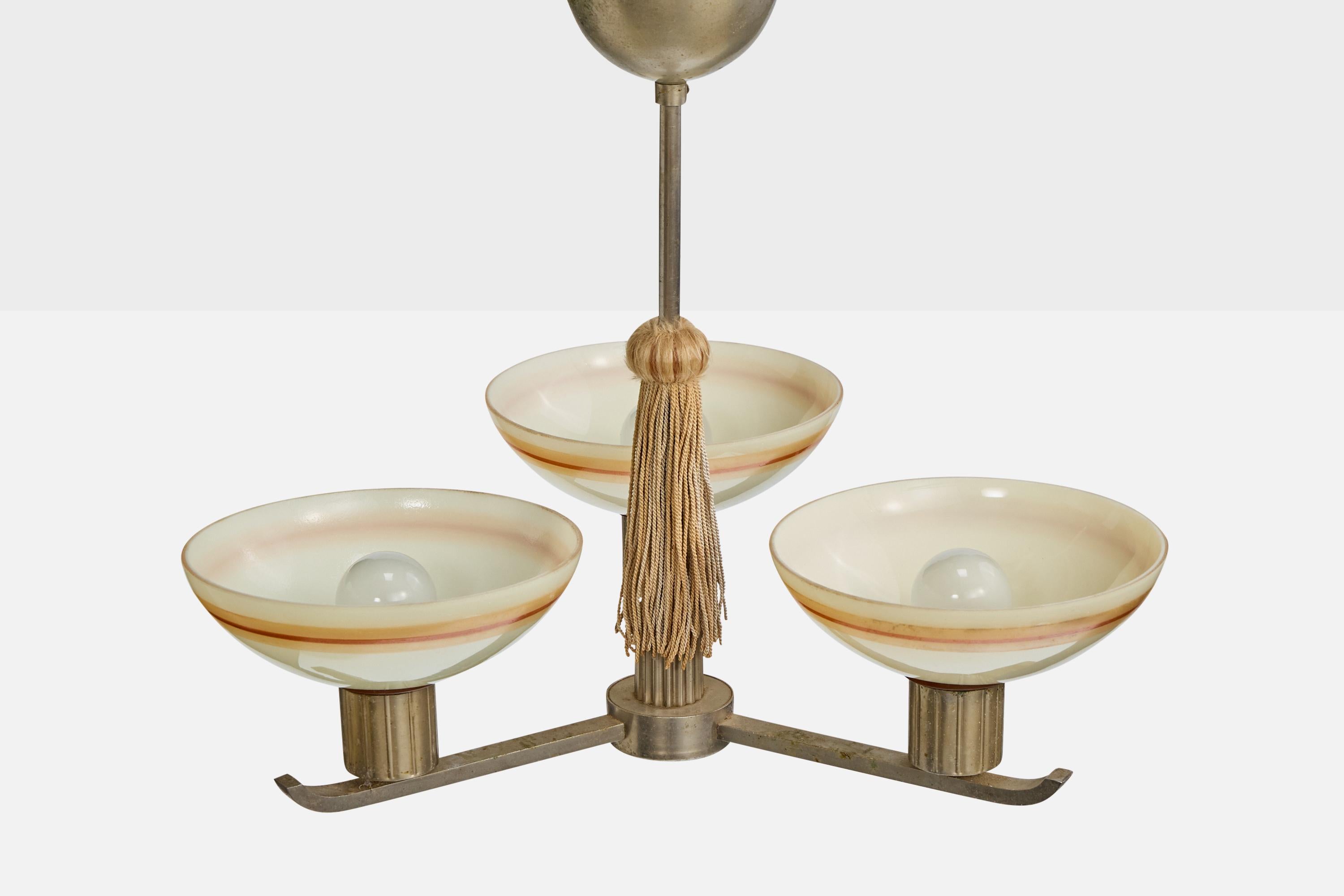 Swedish Designer, Chandelier, Nickel, Fabric, Glass, Sweden, 1930s In Good Condition For Sale In High Point, NC