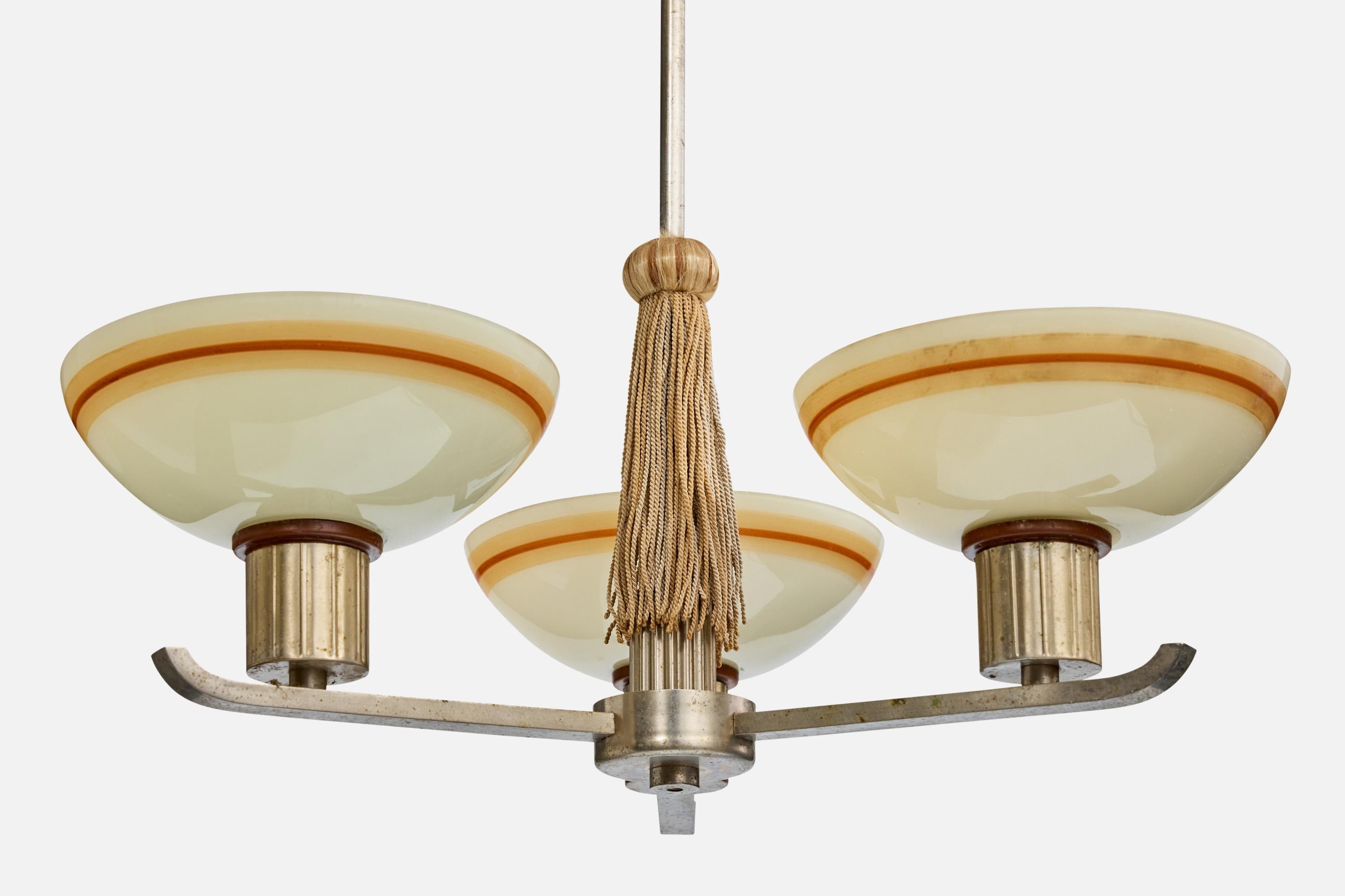 Mid-20th Century Swedish Designer, Chandelier, Nickel, Fabric, Glass, Sweden, 1930s For Sale