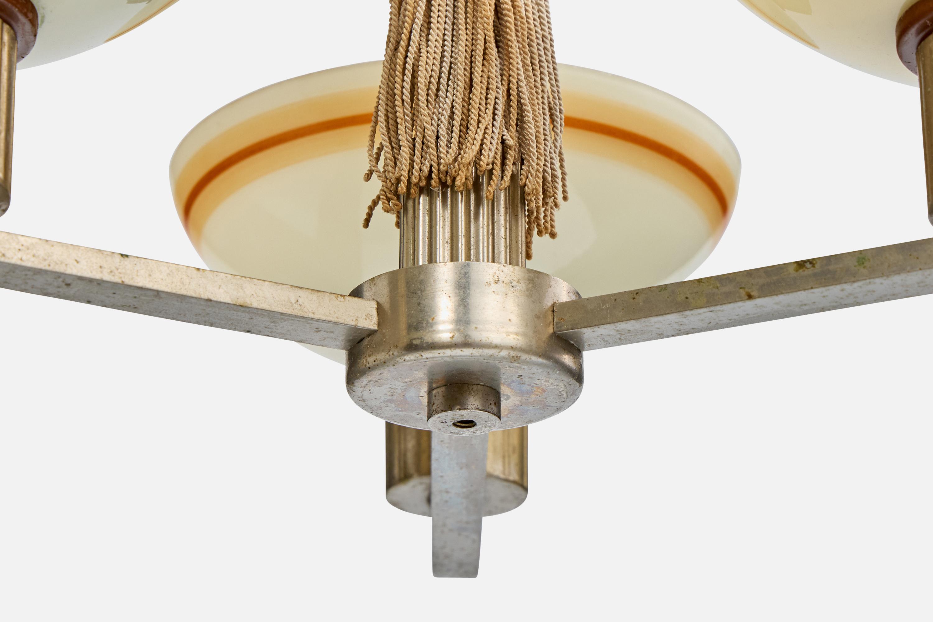 Swedish Designer, Chandelier, Nickel, Fabric, Glass, Sweden, 1930s For Sale 1