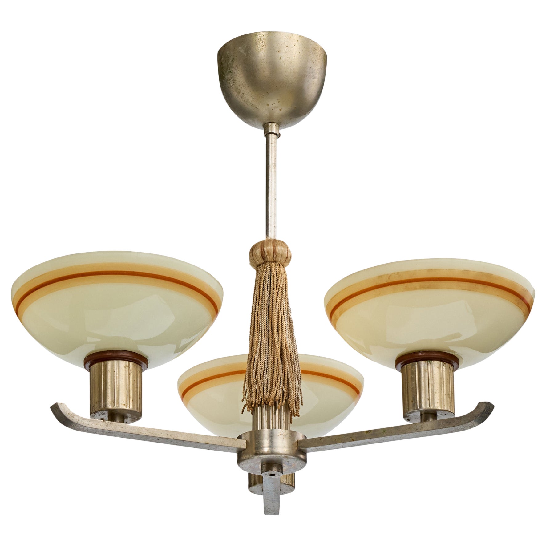 Swedish Designer, Chandelier, Nickel, Fabric, Glass, Sweden, 1930s For Sale