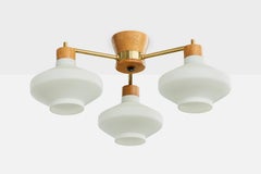 Swedish Designer, Chandelier, Oak, Brass, Glass, Sweden, 1950s