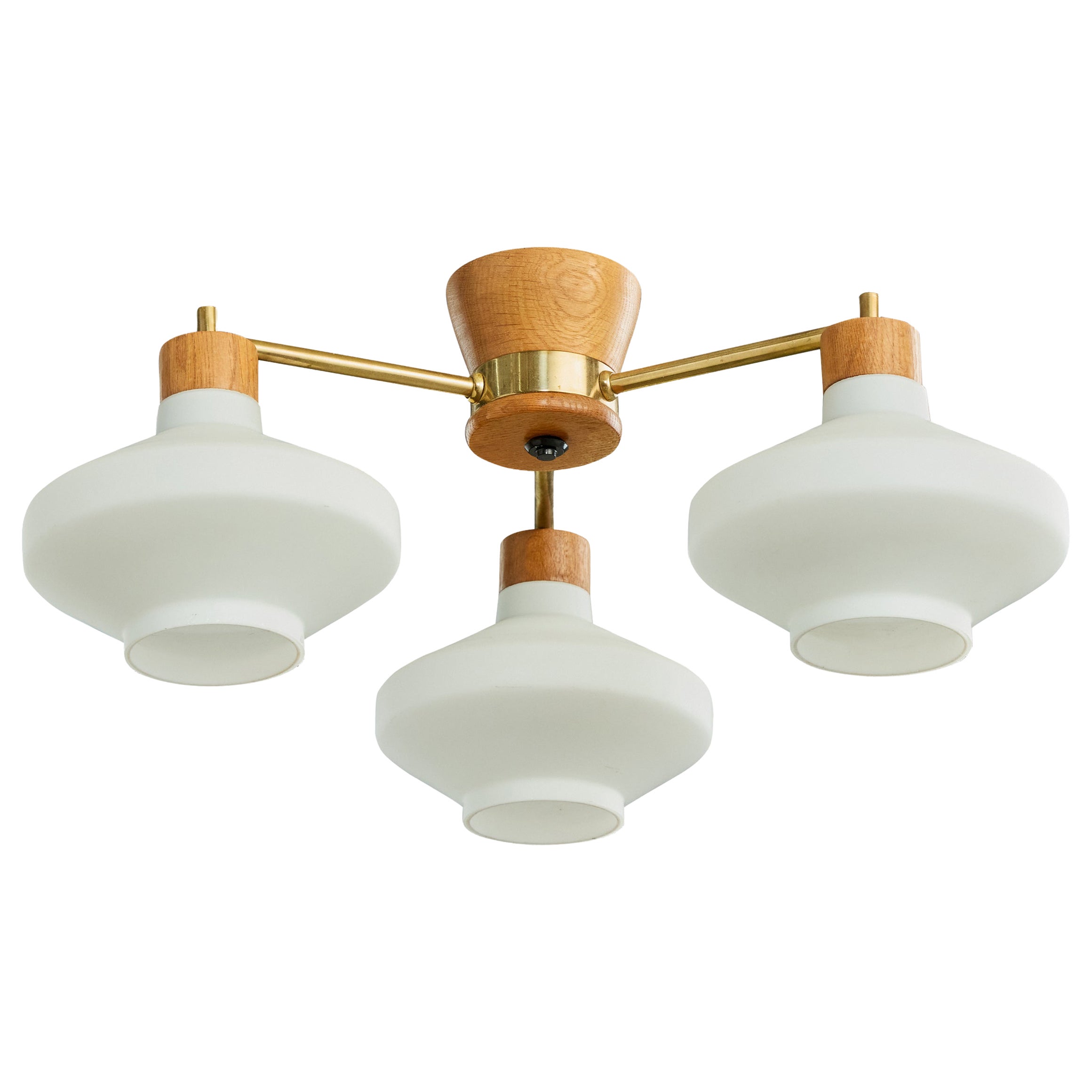 Swedish Designer, Chandelier, Oak, Brass, Glass, Sweden, 1950s im Angebot